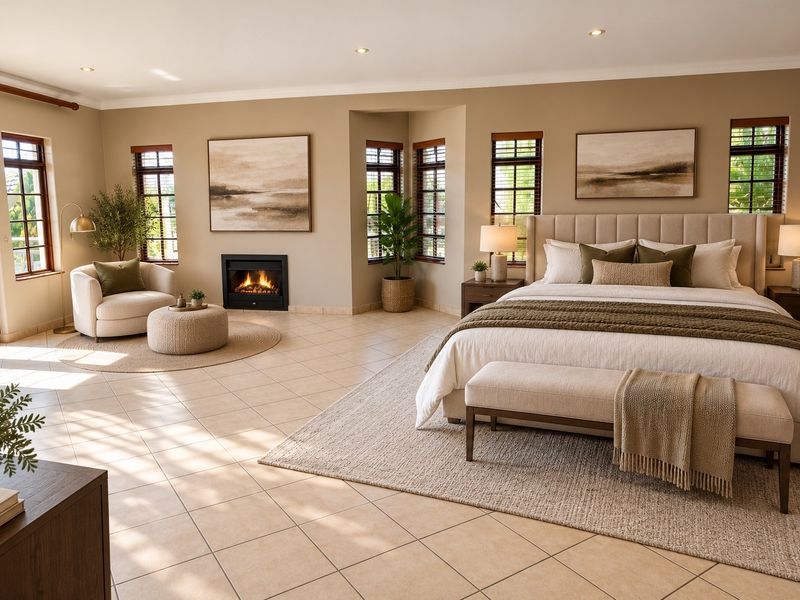 Spacious primary bedroom featuring tiled flooring, a built-in fireplace, and large windows providing ample natural light and access to an outdoor balcony.