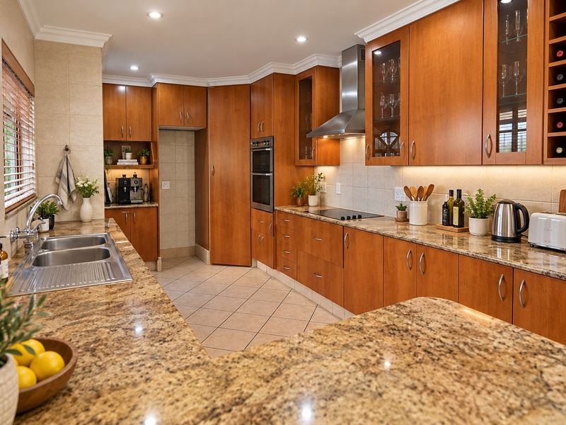 A well-maintained kitchen featuring warm-toned wooden cabinetry, granite countertops, built-in appliances, and ample storage space including a dedicated wine rack.