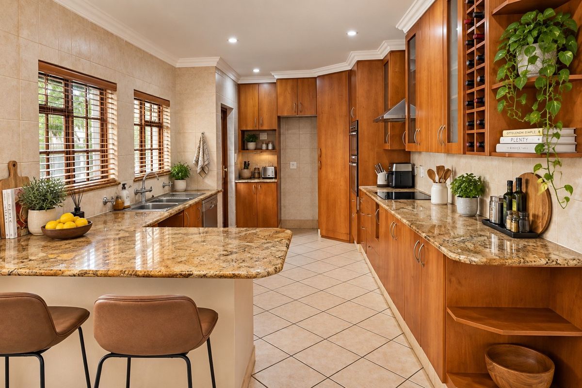 A well-maintained kitchen featuring warm wooden cabinetry, granite countertops, integrated appliances, and a functional layout with ample storage and workspace.