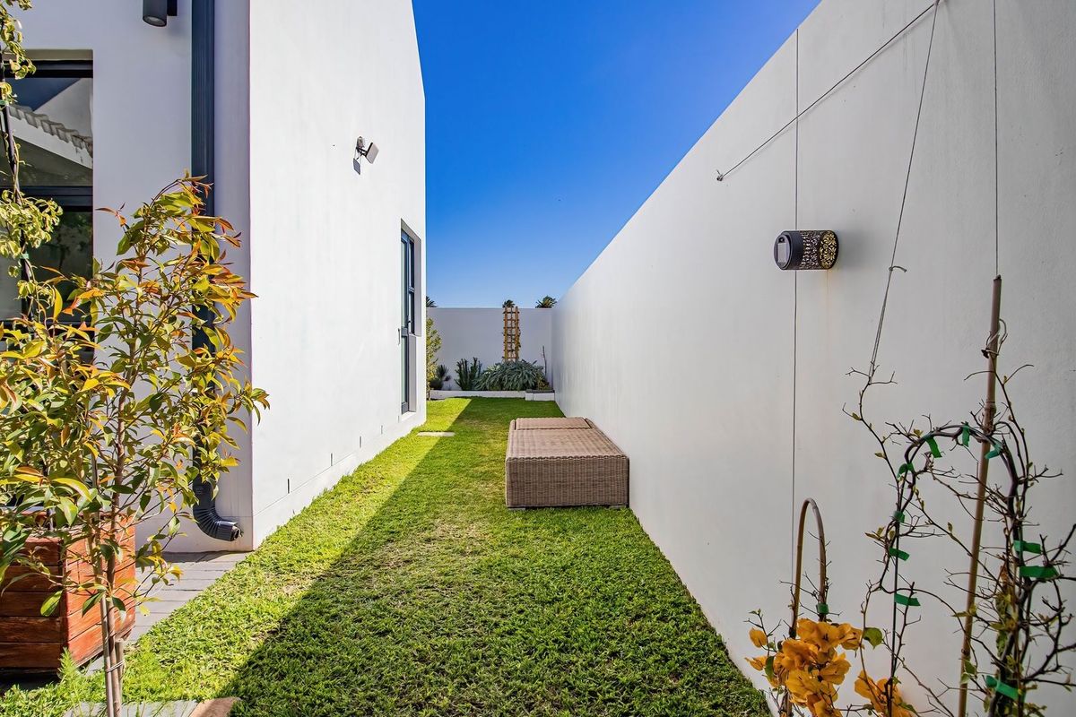 A well-maintained side garden passage featuring a manicured lawn, high boundary walls, and modern exterior lighting.