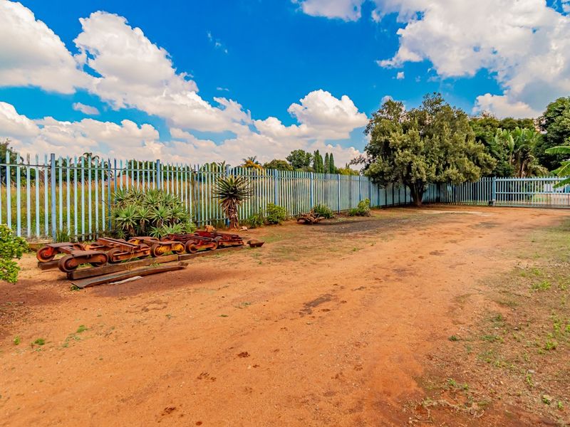 A spacious outdoor area featuring steel palisade fencing, a secure sliding gate, and a large dirt driveway on a small holding property.