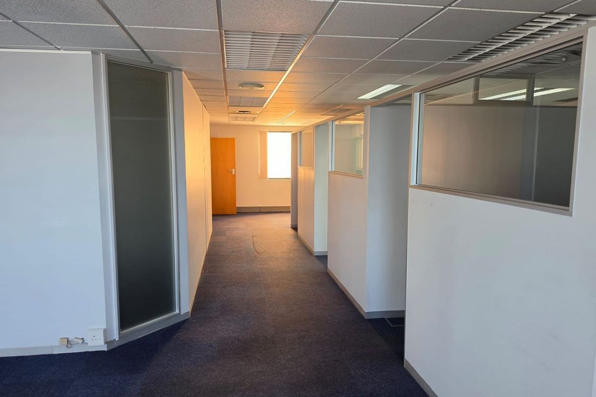 An empty commercial office hallway featuring suspended ceilings, glass partition walls, and blue carpet flooring, providing a clean and functional workspace layout.