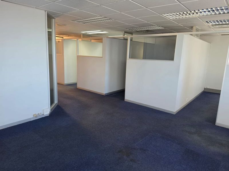 An empty commercial office space featuring modular partition walls, suspended ceilings with integrated lighting, and blue carpet flooring throughout.