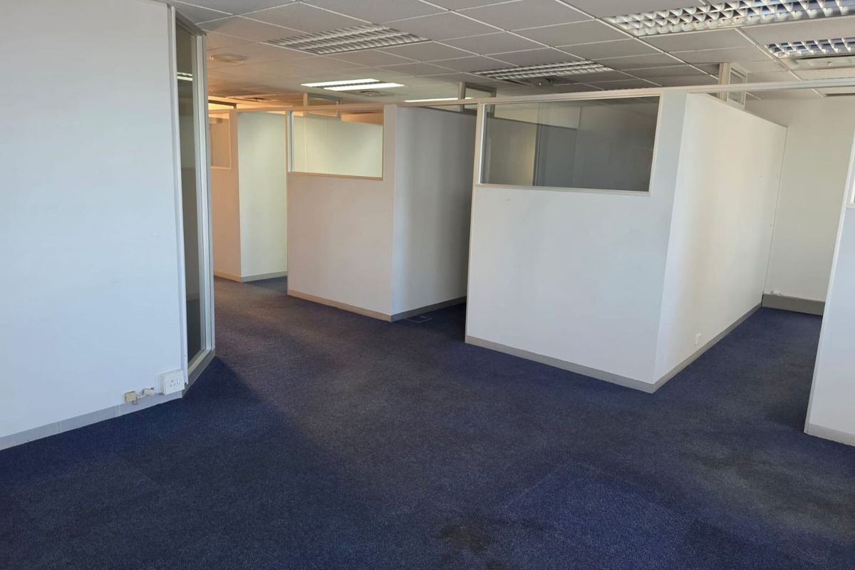 An empty commercial office space featuring modular partition walls, suspended ceilings with integrated lighting, and blue carpet flooring throughout.