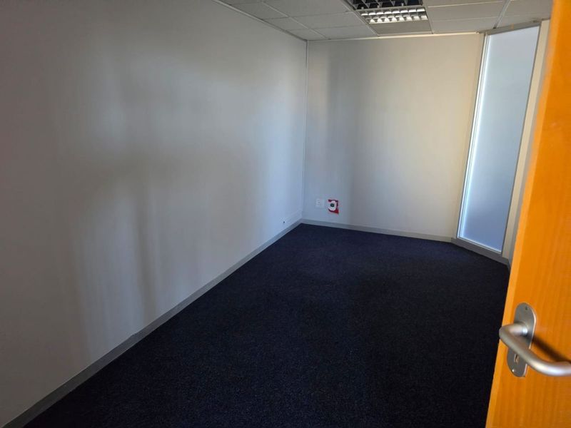 A vacant, well-lit office space featuring dark carpeting, a suspended ceiling with recessed lighting, and a frosted glass partition wall.