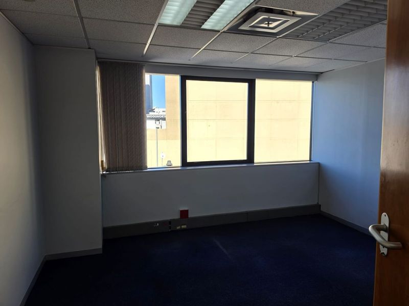 An empty commercial office space featuring a suspended ceiling, recessed lighting, carpeted flooring, and large windows with vertical blinds.