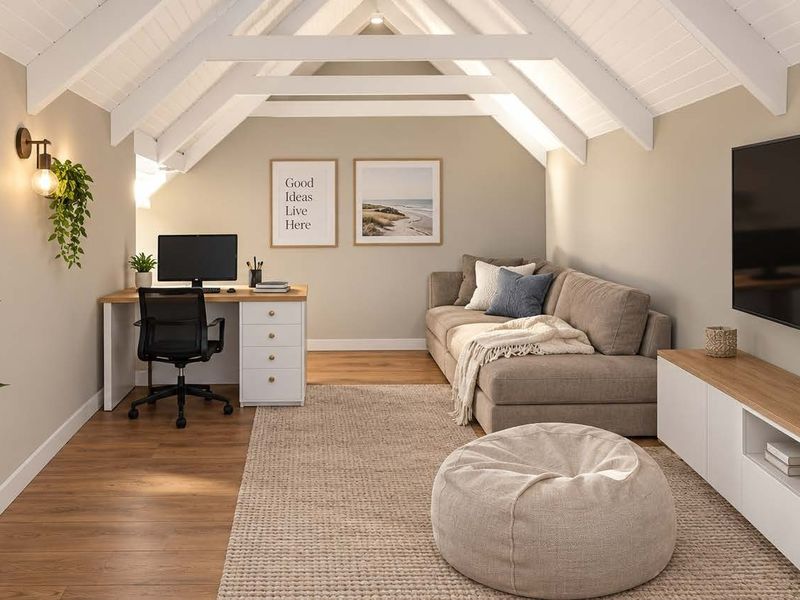 A well-lit living room featuring a vaulted ceiling with exposed white timber beams, warm laminate flooring, and a clean, modern aesthetic.