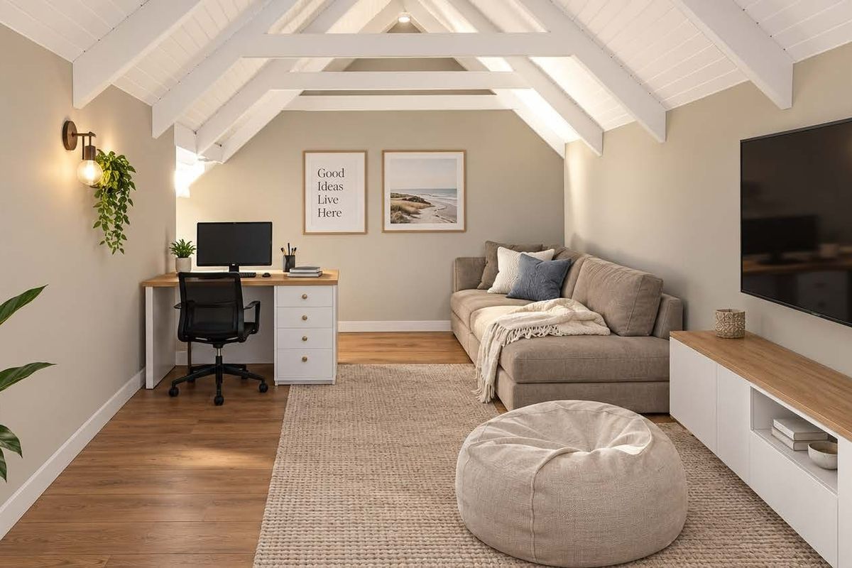 A well-lit living room featuring a vaulted ceiling with exposed white timber beams, warm laminate flooring, and a clean, modern aesthetic.