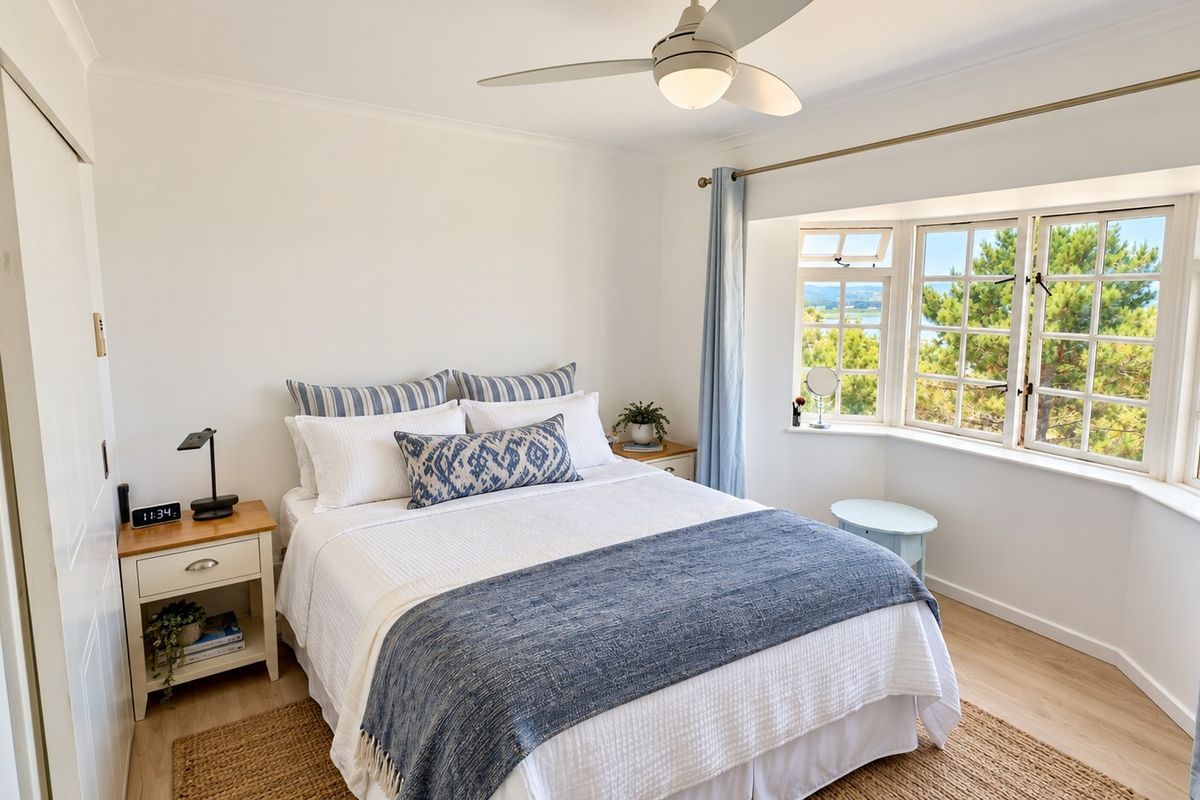 A bright and well-maintained bedroom featuring a ceiling fan, built-in wardrobe, and a large bay window offering scenic views.
