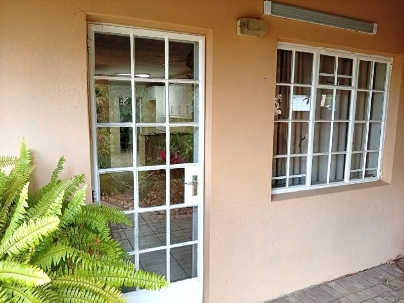 Exterior view of a rear patio area featuring a white-framed French door and matching grid-pattern windows set into a painted masonry wall.
