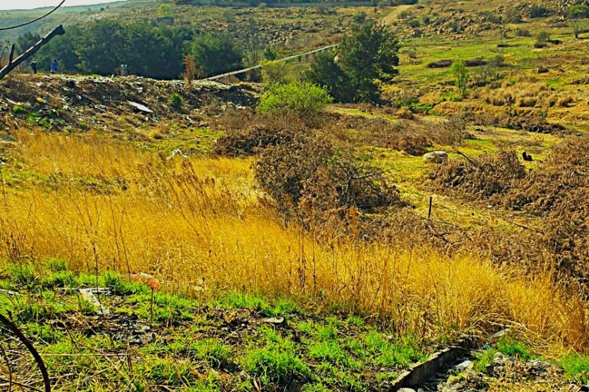 A wide-angle view of a sloped, undeveloped residential plot featuring natural vegetation and uneven terrain.