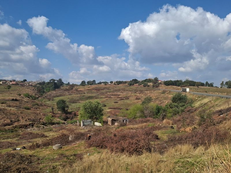 A wide-angle view of a large, undeveloped residential plot featuring natural terrain, native vegetation, and proximity to a public road.