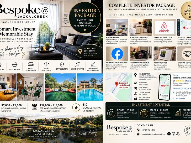 A promotional marketing flyer for an apartment investment package at Jackal Creek Golf Estate, featuring property details, rental income estimates, and location highlights.