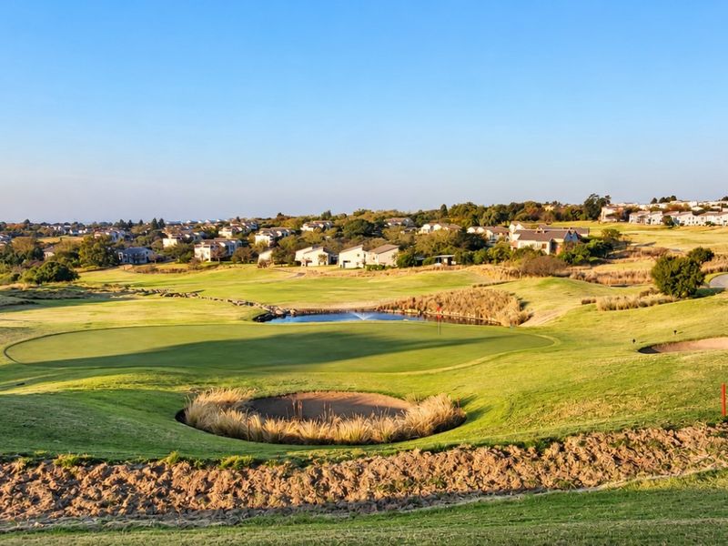 A scenic elevated view overlooking a well-maintained golf course with sand bunkers, a small water feature, and surrounding residential estate properties.