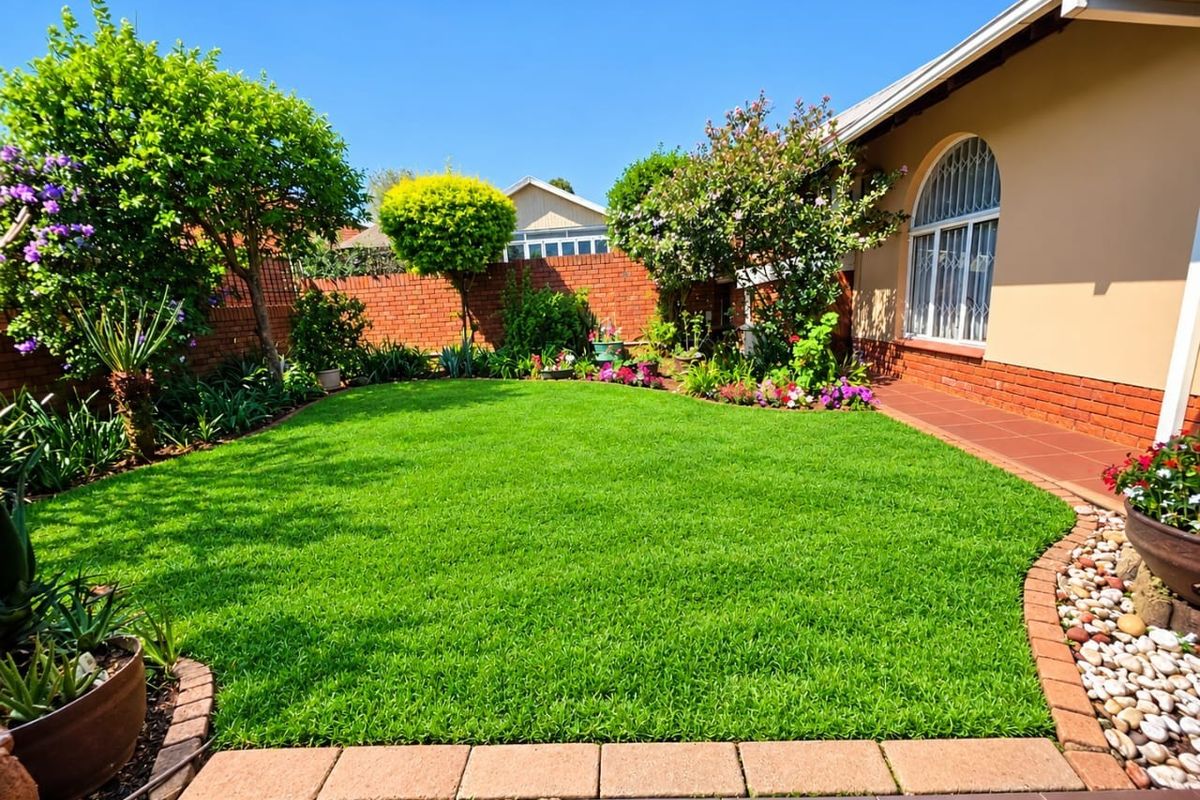 A well-maintained rear garden featuring a manicured lawn, brick boundary walls, and a tiled patio area adjacent to the townhouse.