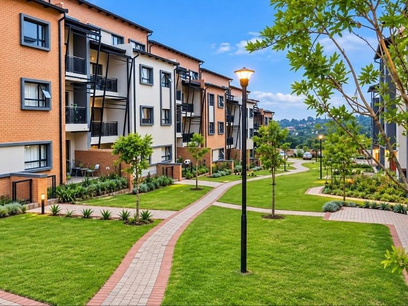 Well-maintained apartment complex exterior featuring landscaped gardens, paved walkways, and modern brick and render facade with private balconies.