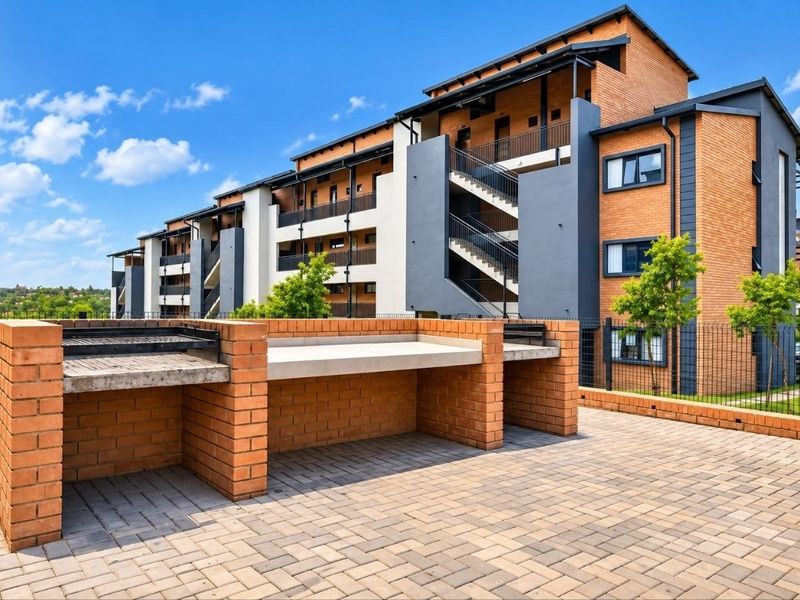 A communal outdoor area featuring a built-in brick braai and paved patio, set against a modern multi-story apartment building.
