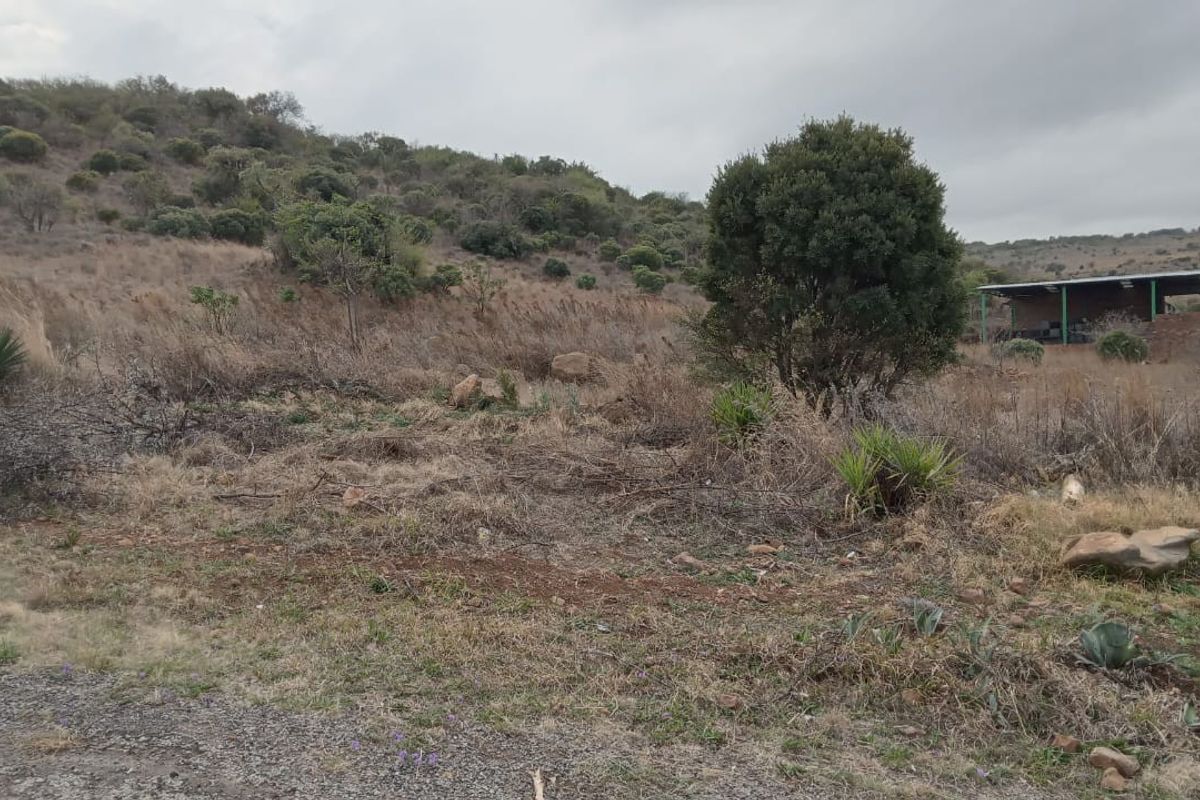 A view of the vacant residential land featuring sloped terrain, natural vegetation, and an existing outbuilding structure in the background.