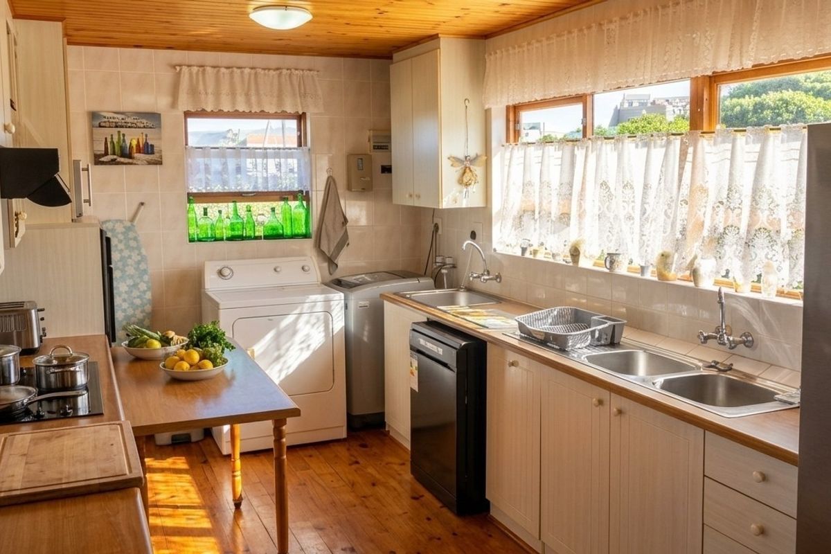 A functional kitchen featuring timber flooring and ceiling, ample cabinetry, double sink, and integrated laundry facilities with natural light.