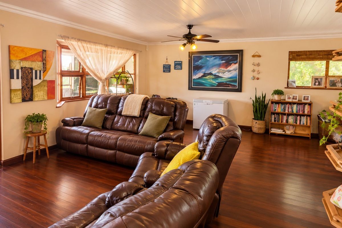 Spacious living room featuring warm hardwood flooring, a ceiling fan, and large windows with direct access to an outdoor patio area.