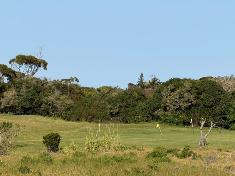 A scenic view of a golf course fairway surrounded by lush natural vegetation and trees.