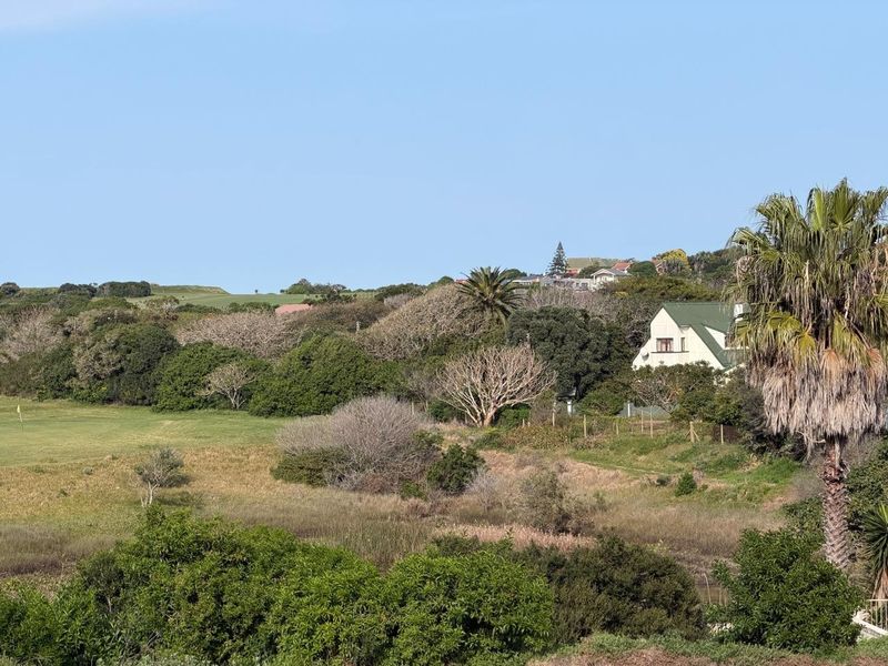 A scenic view of the surrounding landscape, featuring lush greenery, mature trees, and nearby residential properties.