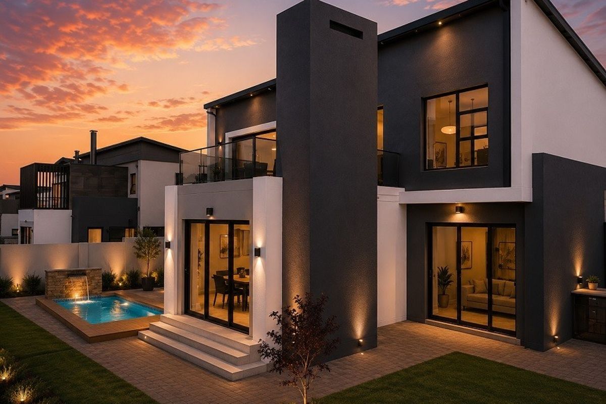 Modern double-story residence featuring a rear patio, swimming pool with water feature, and contemporary architectural lighting at dusk.