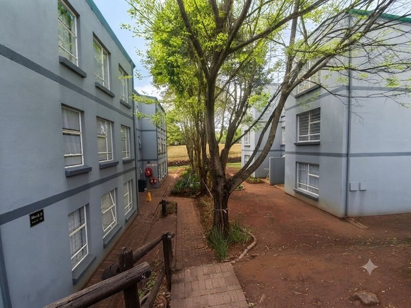 View of the apartment complex exterior showing paved walkways between building blocks and mature trees in the communal garden area.