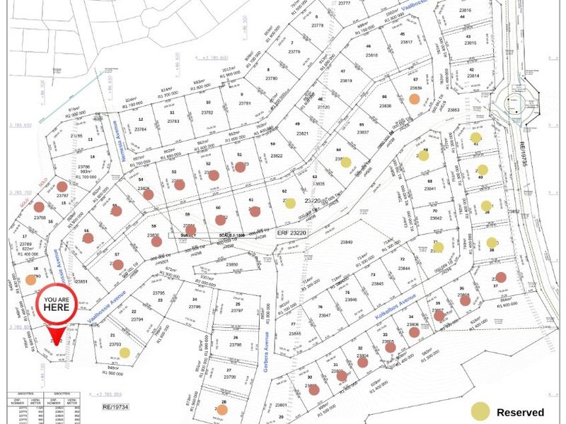 A detailed site development plan for Paradise Coast estate, showing individual residential erven, street layouts, and current sales status.