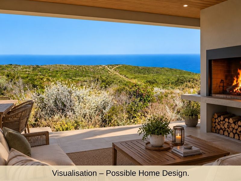 A covered patio featuring a built-in fireplace and stunning coastal views, designed for seamless indoor-outdoor living.