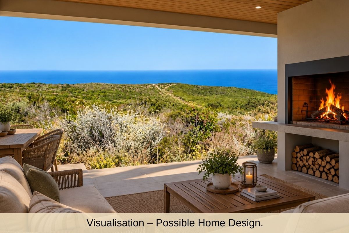 A covered patio featuring a built-in fireplace and stunning coastal views, designed for seamless indoor-outdoor living.