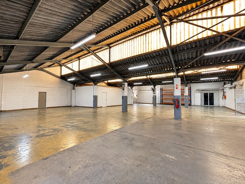 Spacious industrial warehouse unit featuring high ceilings with exposed steel trusses, translucent roof panels for natural light, and durable concrete flooring.