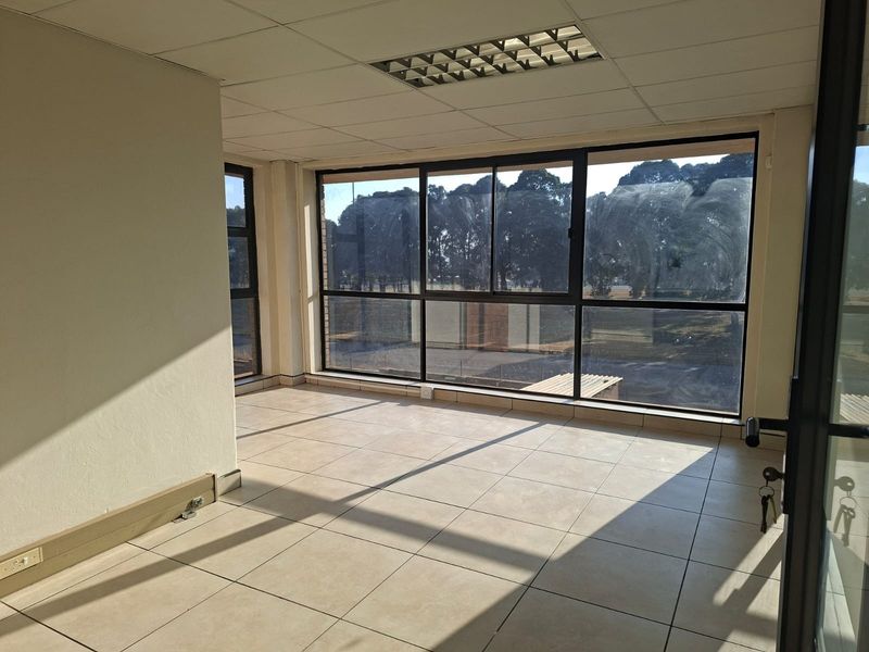 A bright, vacant office space featuring large windows with natural light, tiled flooring, and a suspended ceiling with integrated lighting.