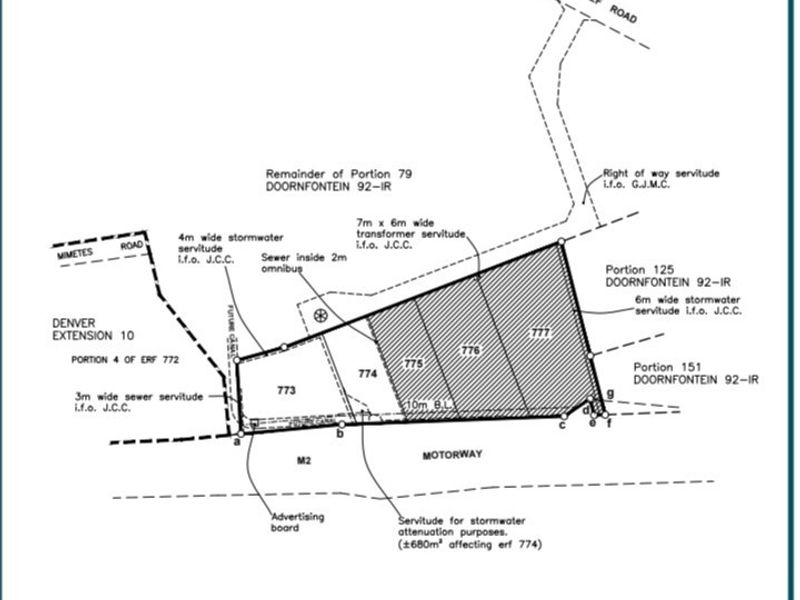 A detailed survey and layout plan for Denver Extension 15, showing erf boundaries, sizes, and registered servitudes for the agricultural land.