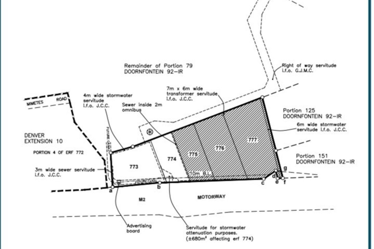 A detailed survey and layout plan for Denver Extension 15, showing erf boundaries, sizes, and registered servitudes for the agricultural land.