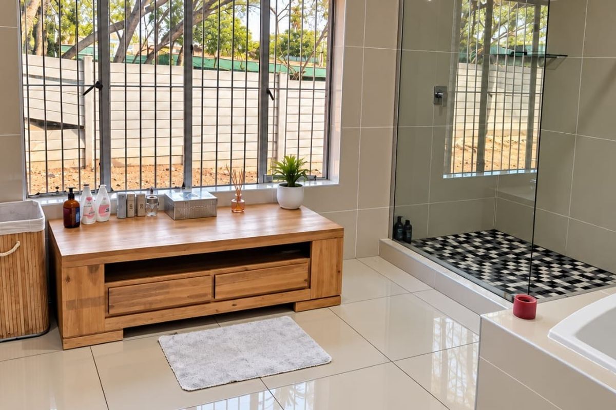 Modern bathroom featuring large format wall and floor tiles, a glass-enclosed shower, a built-in bathtub, and a toilet.