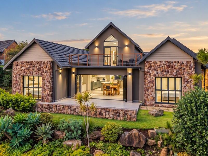 A beautifully presented rear elevation featuring stone cladding, a spacious patio, and an upper-level balcony overlooking a meticulously landscaped garden.