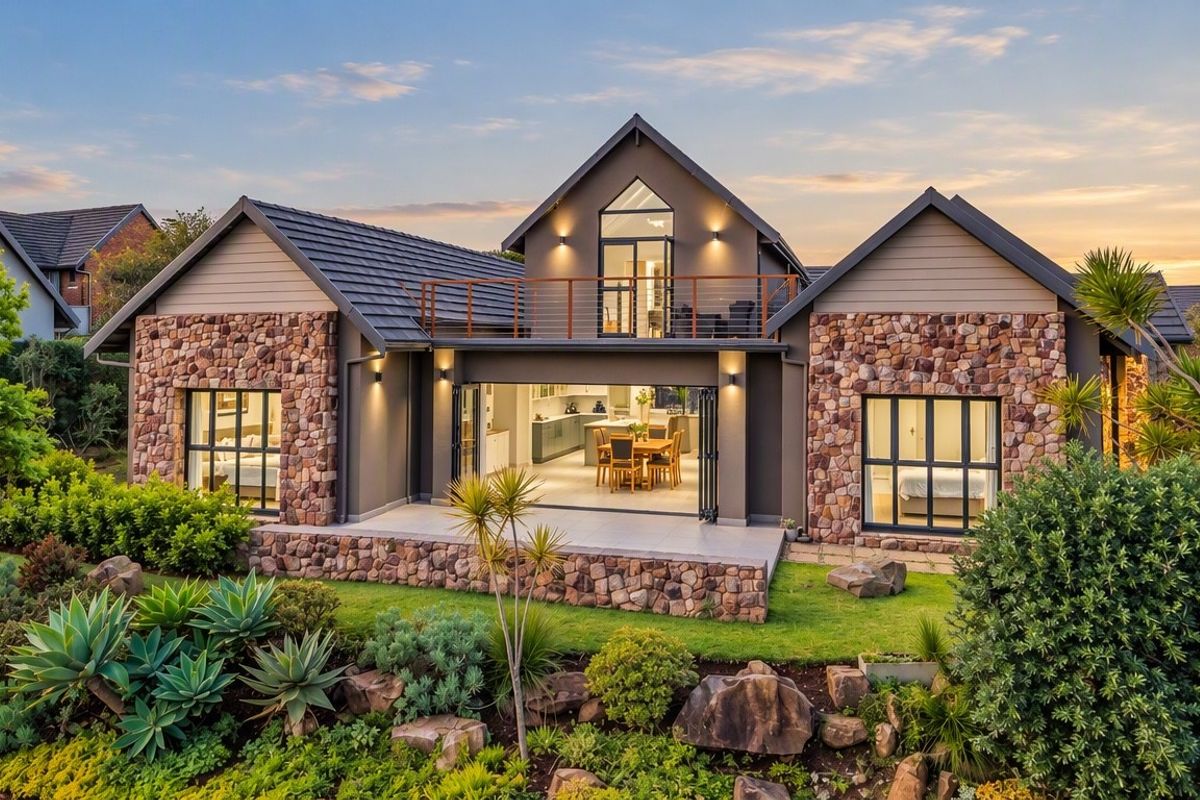 A beautifully presented rear elevation featuring stone cladding, a spacious patio, and an upper-level balcony overlooking a meticulously landscaped garden.