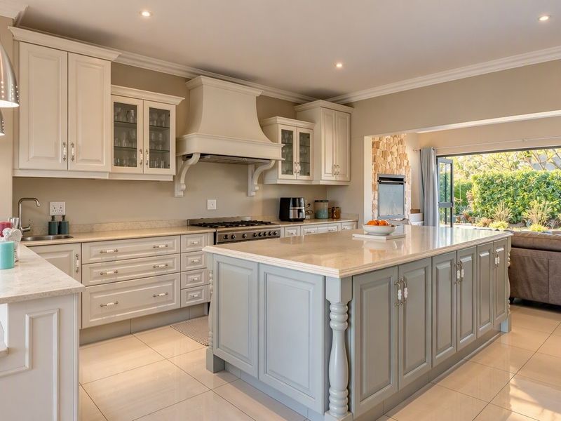 Spacious open-plan kitchen featuring a large central island, stone countertops, premium cabinetry, and seamless flow to an outdoor patio area with a fireplace.