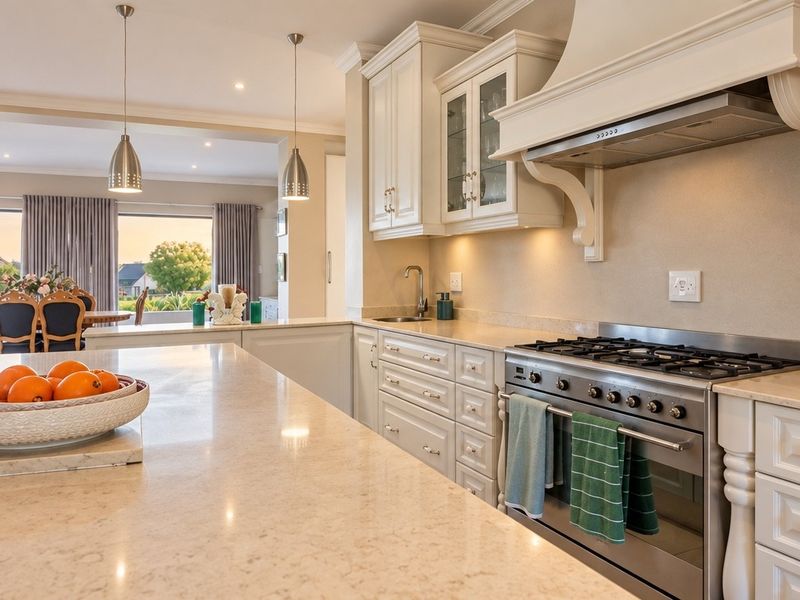 A bright open-plan kitchen featuring a large stone-topped island, high-end gas range, custom cabinetry, and seamless flow into the adjacent dining area.