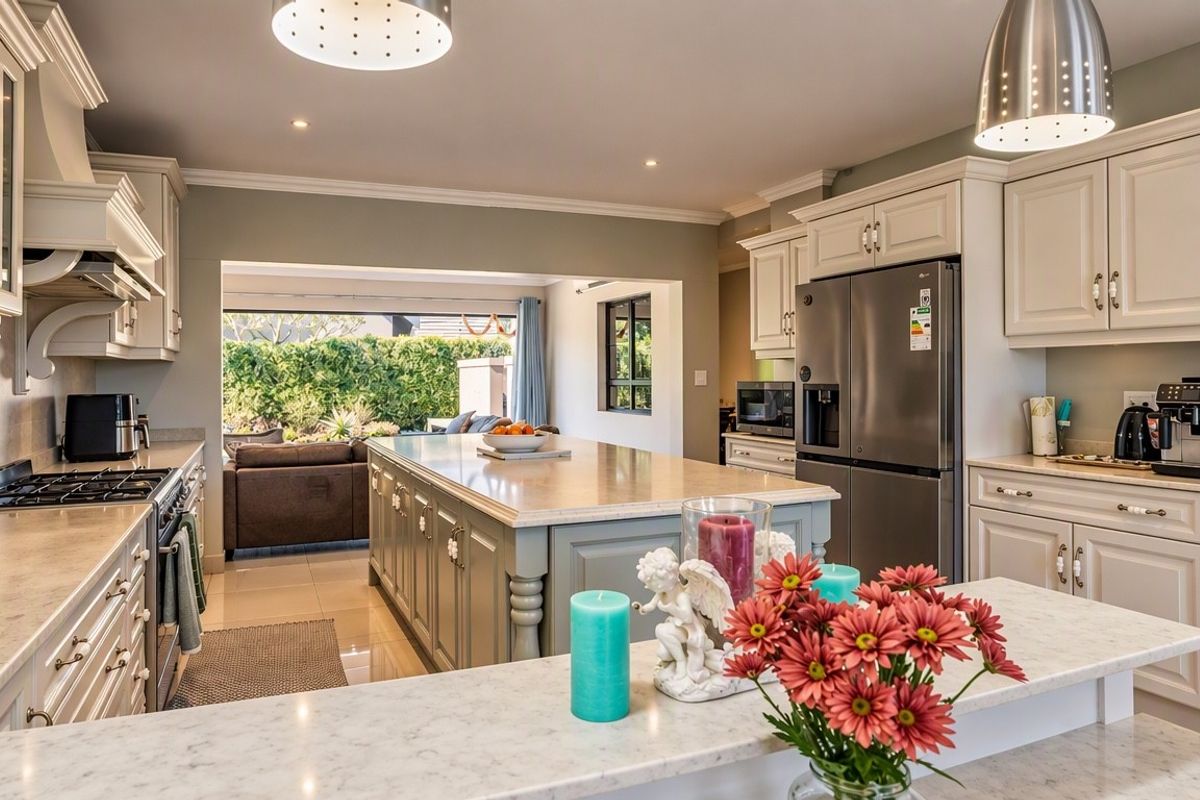 A well-appointed kitchen featuring a large central island, stone countertops, ample cabinetry, and a gas hob, seamlessly flowing into an adjacent living area.