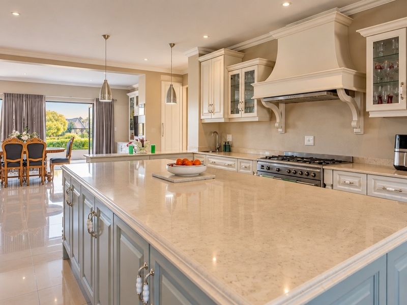Spacious open-plan kitchen featuring a large central island, stone countertops, shaker-style cabinetry, and high-end gas range, flowing seamlessly into the dining area.