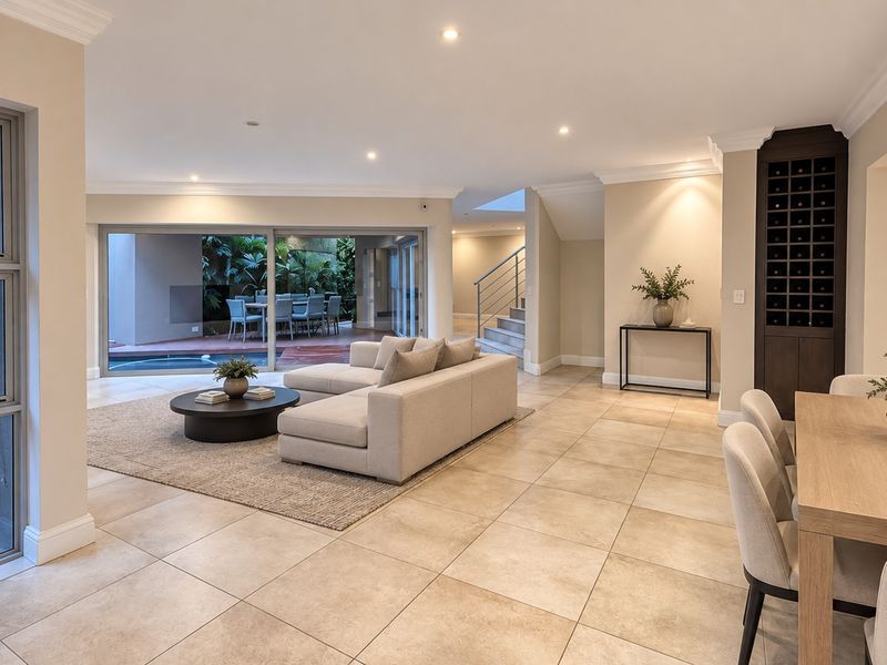 Spacious open-plan living and dining area featuring tiled floors, recessed lighting, a built-in wine rack, and seamless access to the outdoor patio and pool.