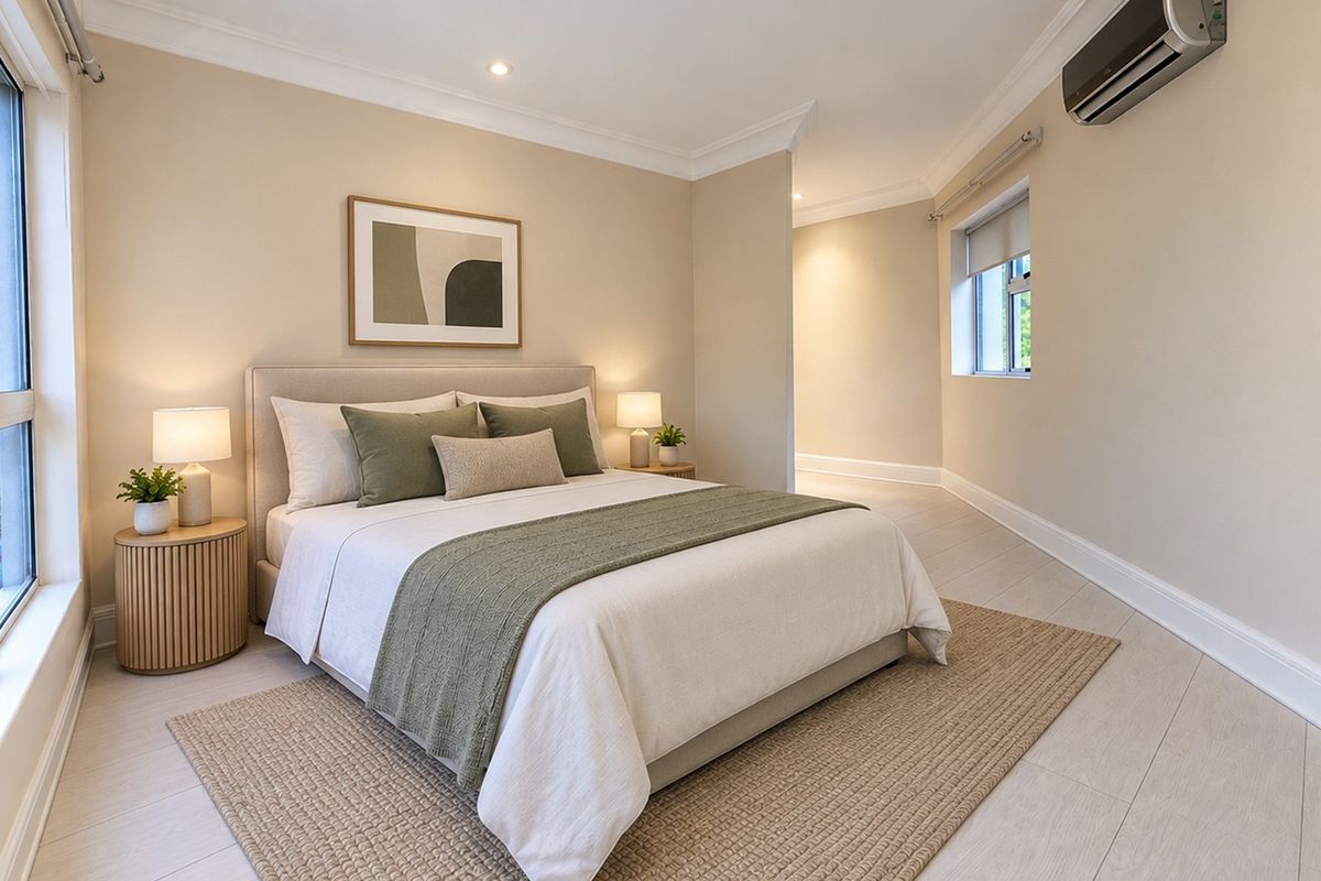 A well-maintained bedroom featuring neutral tones, recessed downlighting, split-system air conditioning, and large windows providing ample natural light.
