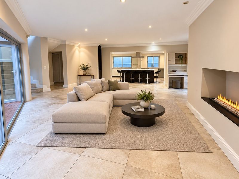 Spacious open-plan living area featuring a modern recessed fireplace, large format floor tiles, and seamless flow to the kitchen and outdoor patio.