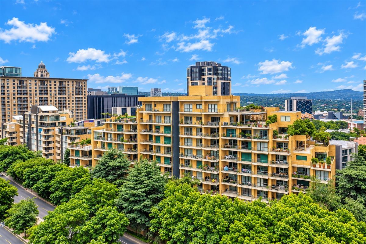 An elevated aerial view of a modern multi-story apartment complex featuring tiered balconies and landscaped terraces in an urban setting.
