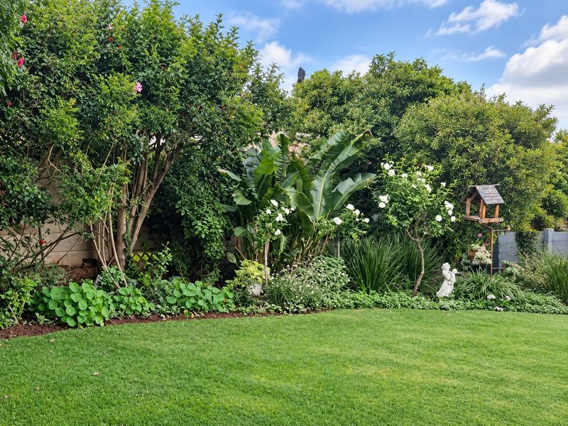 A well-maintained private garden featuring a lush green lawn, mature trees, and established garden beds along the boundary wall.