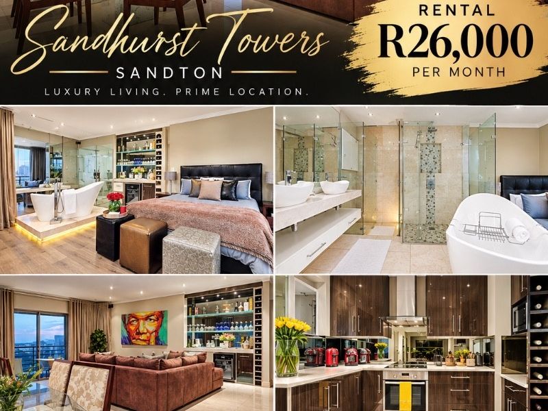 A promotional collage showcasing the interior living spaces, kitchen, bedroom, bathroom, and swimming pool facilities of the Sandhurst Towers apartment complex.