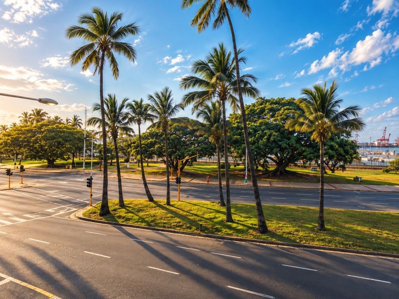 A view of a well-maintained urban street intersection featuring mature palm trees and landscaped green spaces under a clear sky.