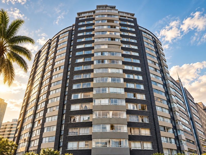 A low-angle view of a modern high-rise apartment building featuring a curved facade with numerous balconies and large windows under a clear sky.